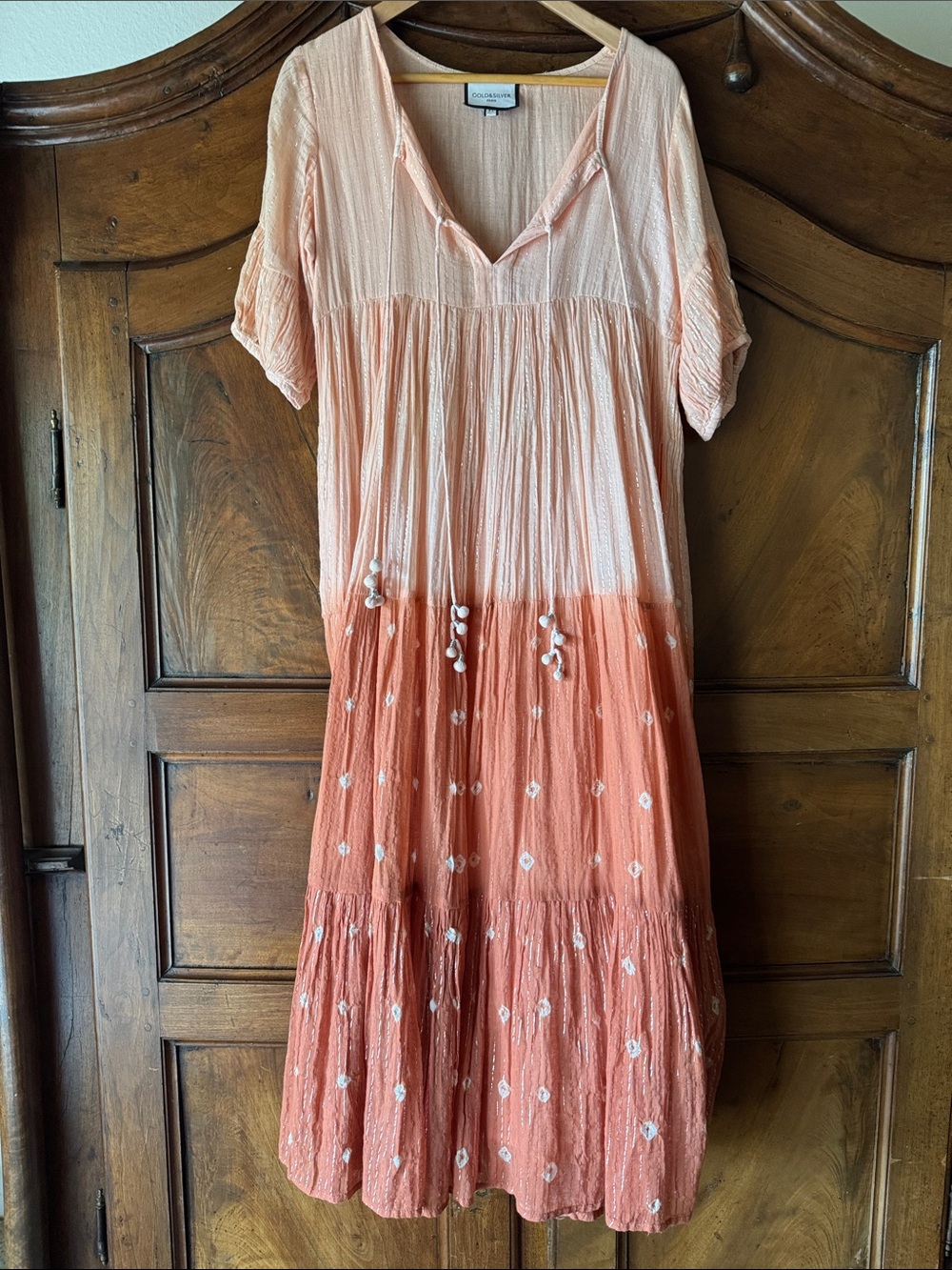 Peach to Coral Ombre Maxi Dress with Silver Embroidery